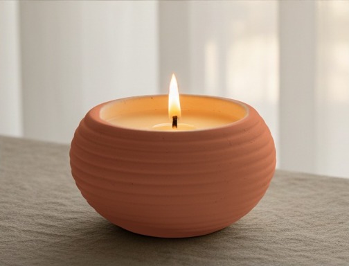 Suport Bol nervurat din ipsos, culoare terracotta, cu lumânare de soia