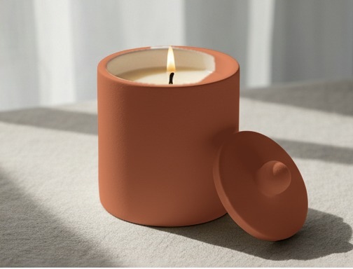 Suport Vas cu capac din ipsos, culoare terracotta, cu lumânare de soia