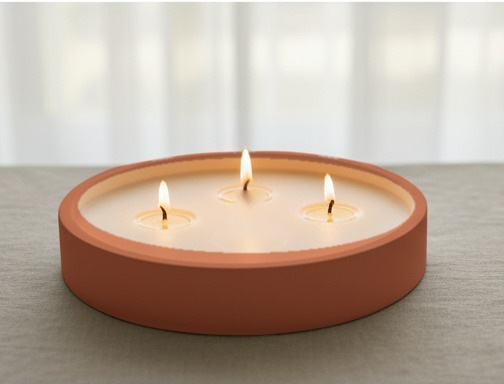 Suport Tavă mare cu 3 fitile din ipsos, culoare terracotta, cu lumânare de soia